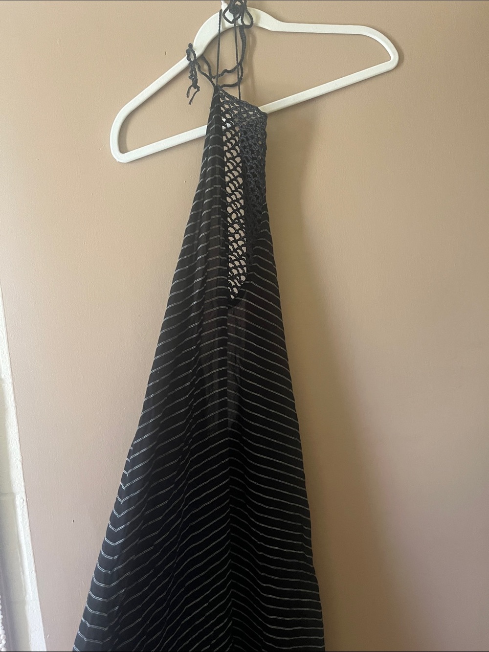 ACACIA STRIPED HALTER MAXI DRESS WITH CROCHET FRONT